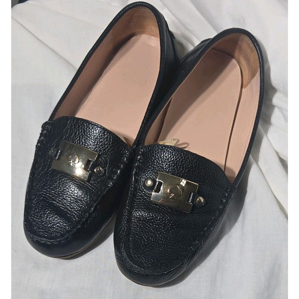 Kate Spade NY Leather Loafers Womens 6B Black Gold Logo Hardware Slip On Ballet